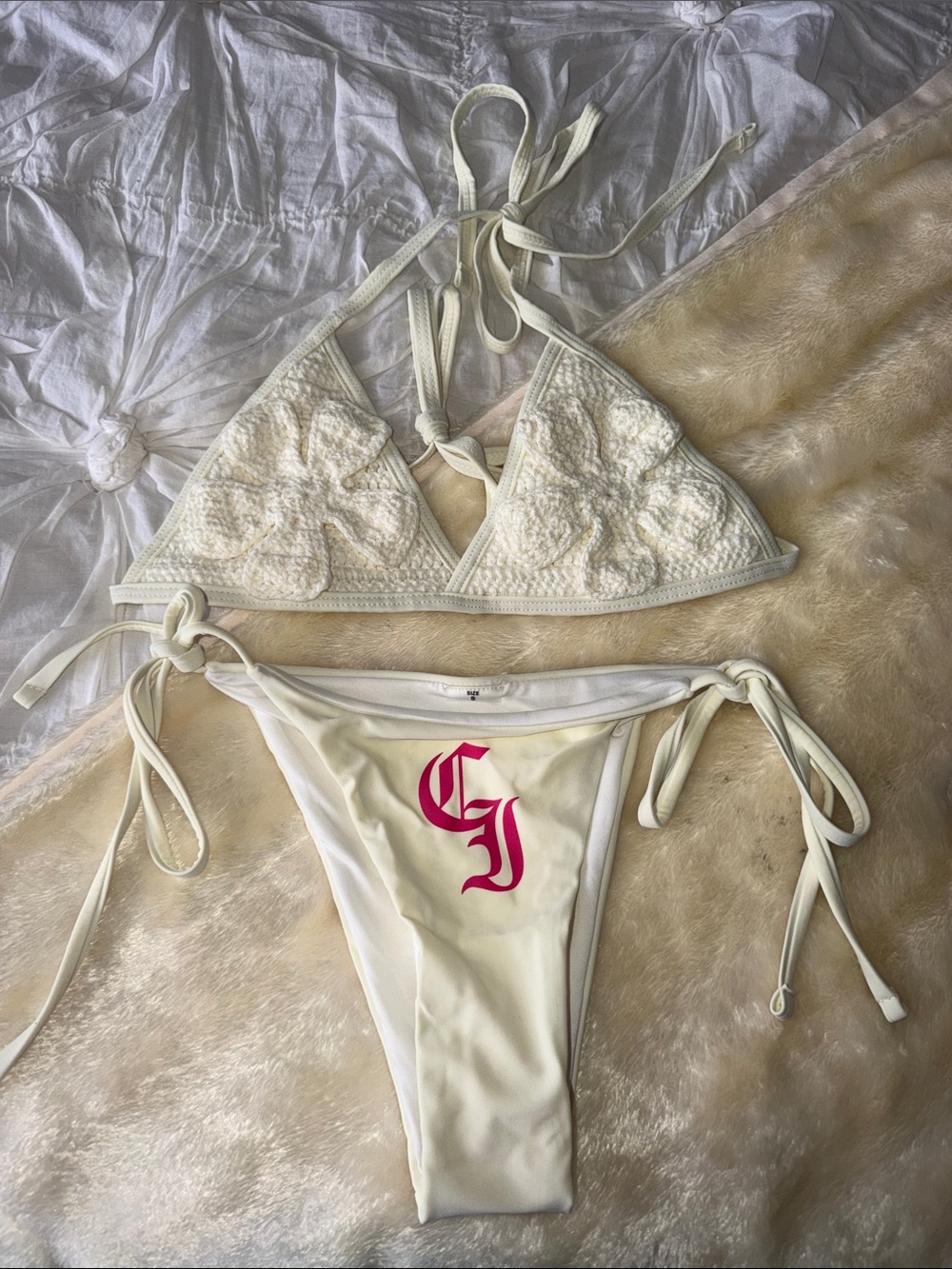 CI SWIM White Crochet Tie-Side Bikini Set with Pink Monogram
